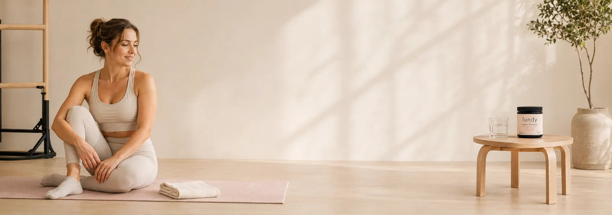 A woman in a beige sports bra and leggings sits on a pink yoga mat in a bright, sunlit room with soft shadows. A small wooden stool to the right holds a lundy jar and a glass, with a potted plant nearby.