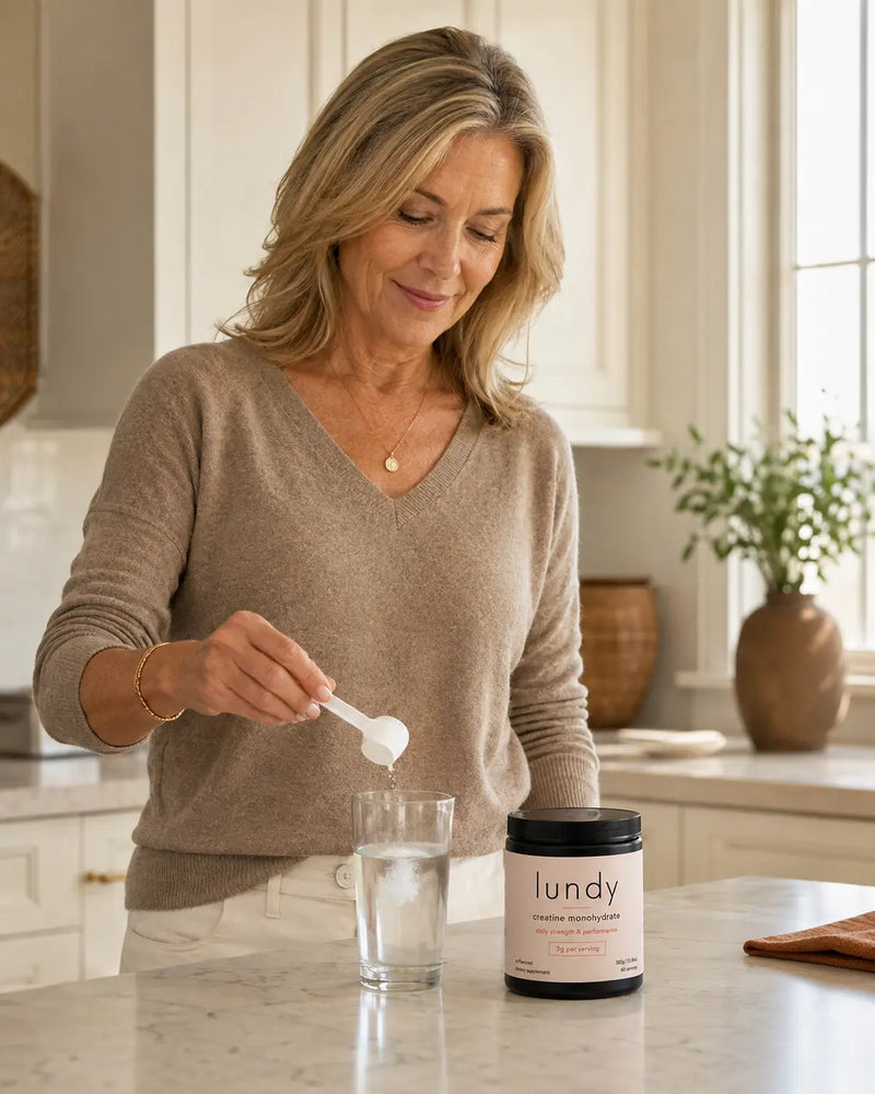 A woman in a beige sweater stands in a bright kitchen, holding a white scoop over a glass while standing next to a black and white jar of lundy Calcium Carbonate.