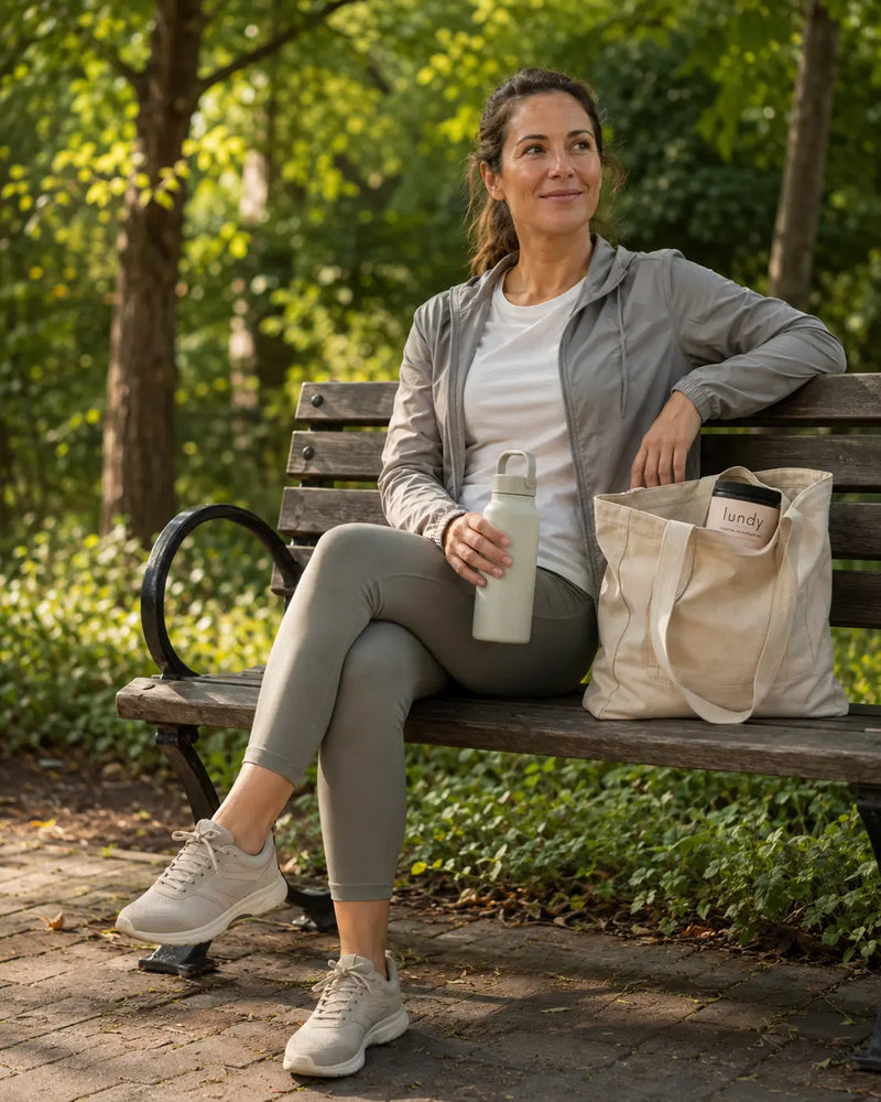A woman sits on a wooden park bench wearing a light gray zip-up hoodie, olive green leggings, and white sneakers, holding a white water bottle next to a beige canvas tote bag.