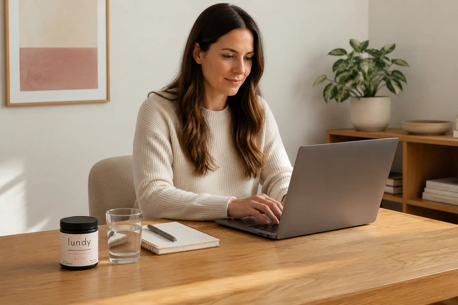 A woman with long brown hair sits at a wooden desk using a laptop in a bright, modern room. On the desk next to her is a jar labeled 'lundy' and a glass of water.